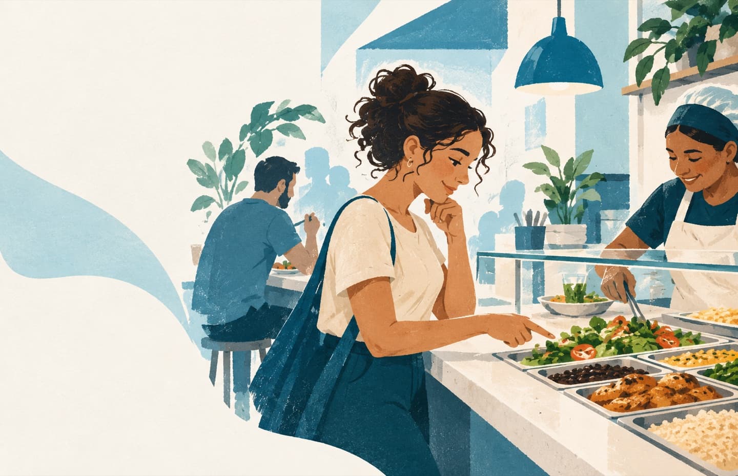 Mulher escolhendo alimentos em um restaurante por quilo